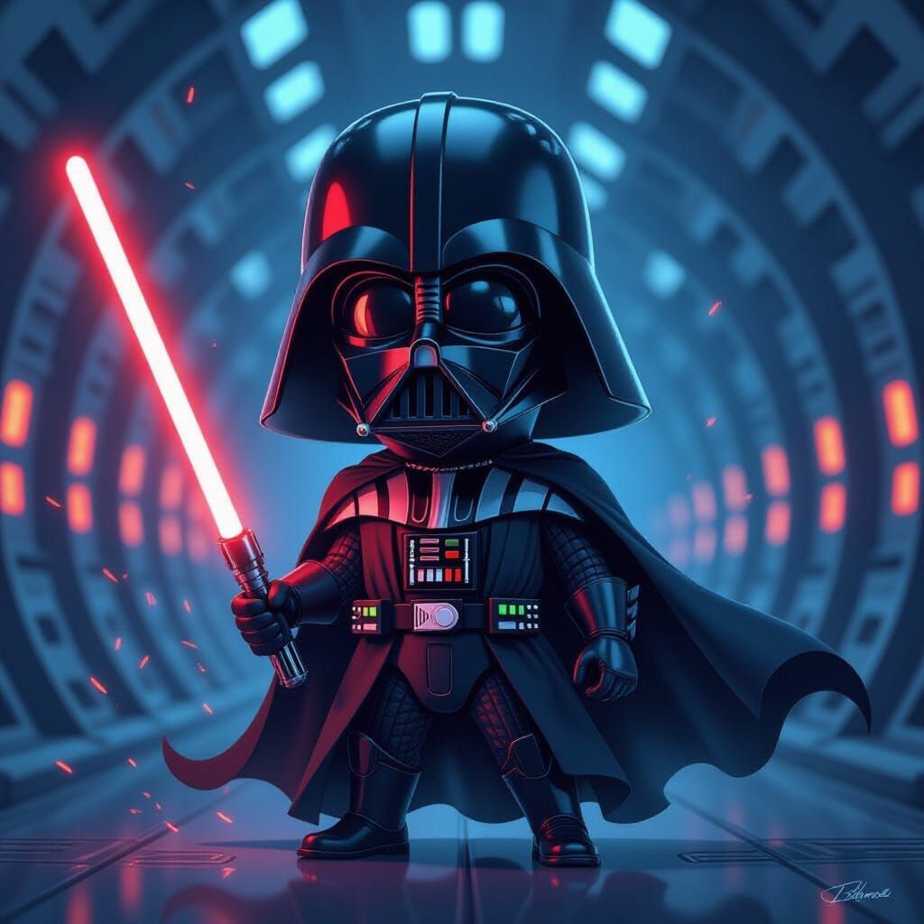 Cartoon Darth Vader Caricature with Glowing Lightsaber