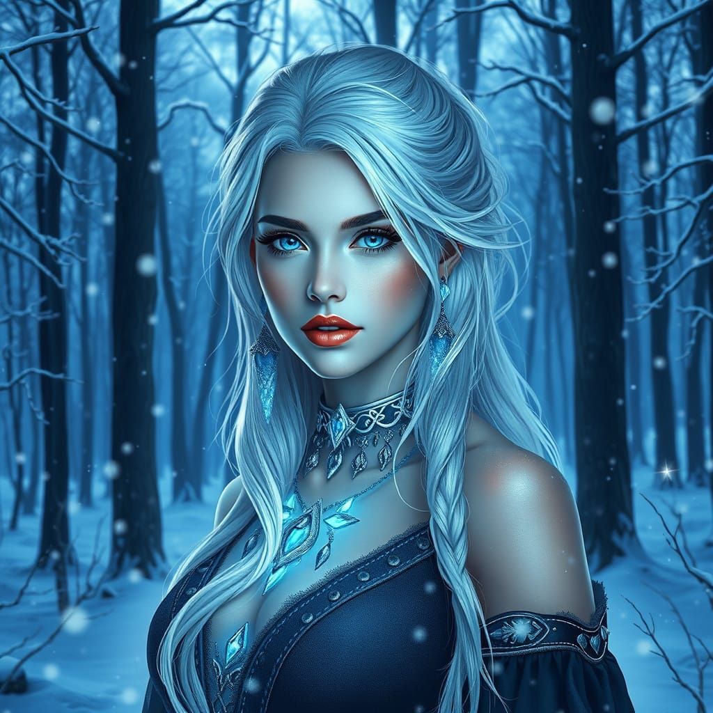 Ice Mage: Woman with Sapphire Eyes in Snowy Forest