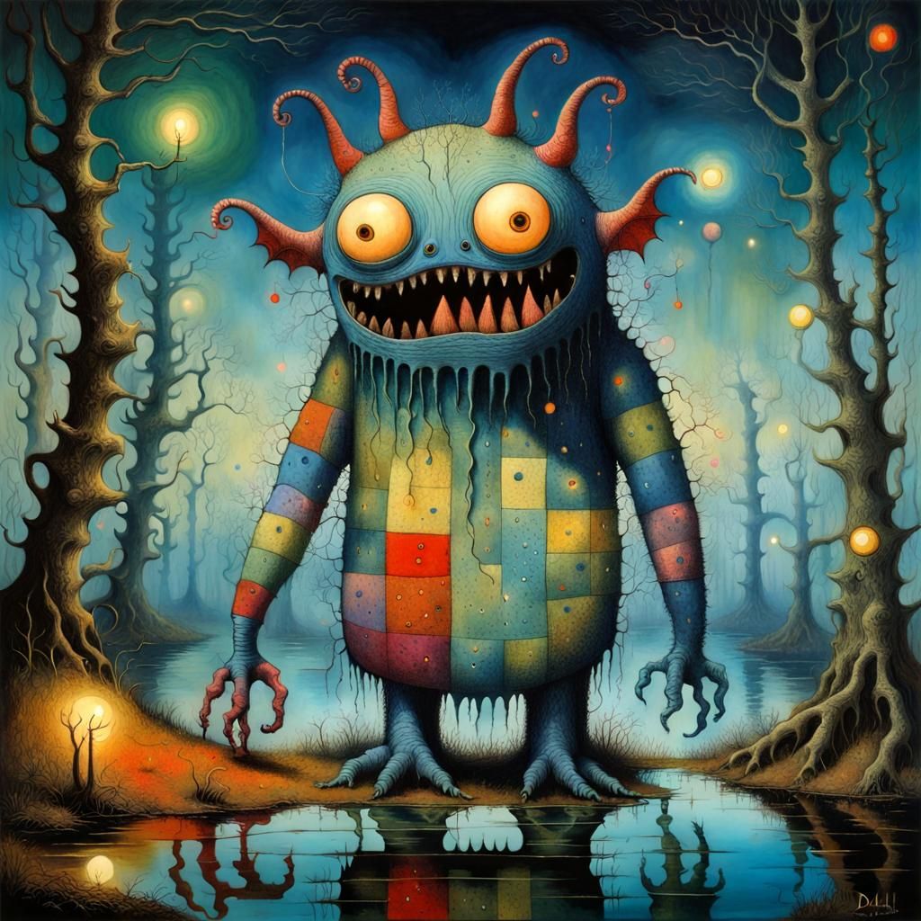 Surreal Patchwork Monster in a Gouache Swamp
