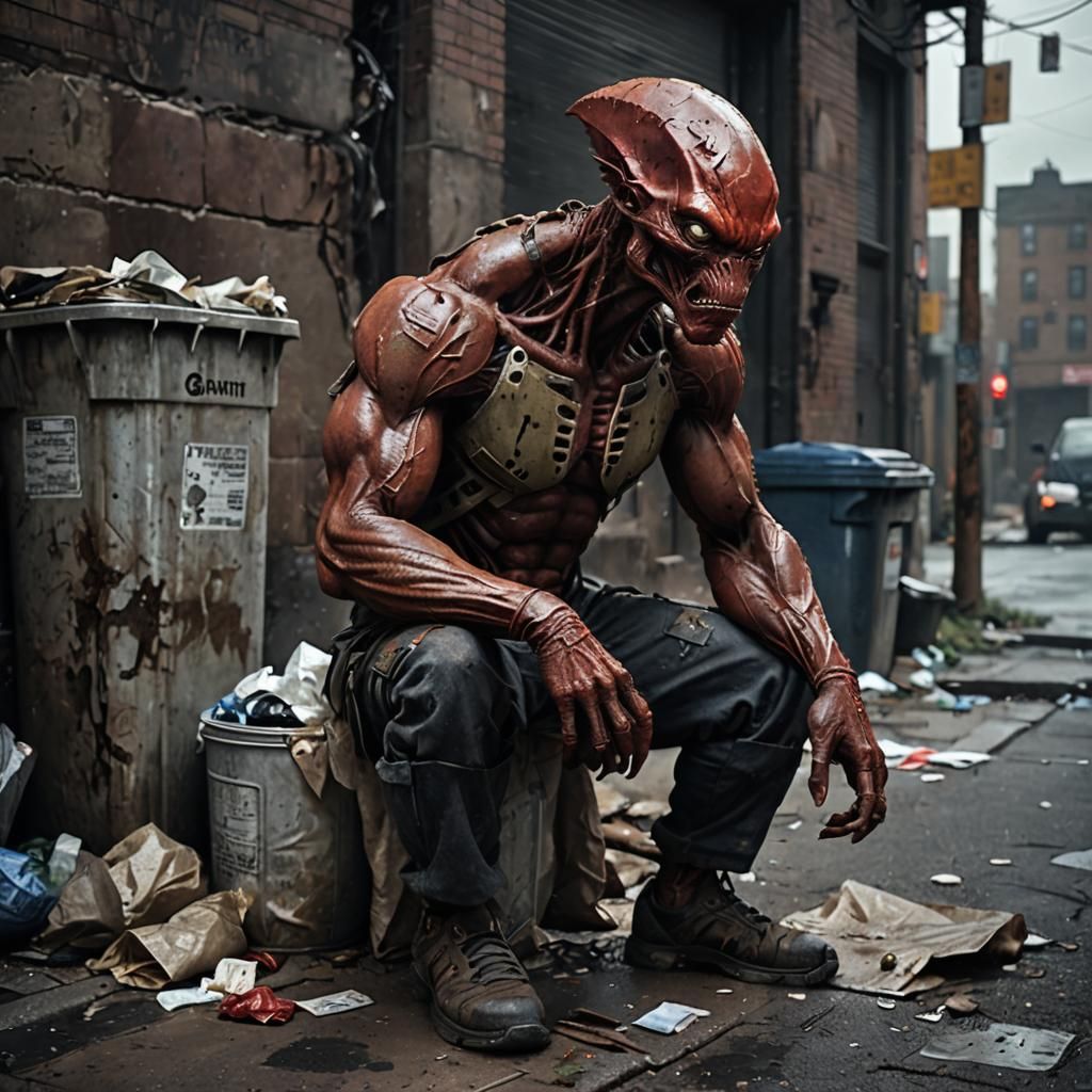 Muscular Red Alien Scavenging in Post-Apocalyptic City