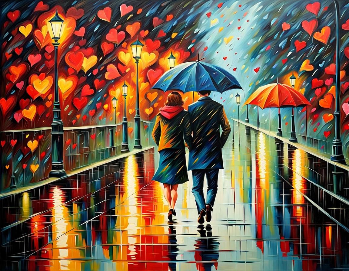 Romantic Couple in Rainy Valentine's Day Scene