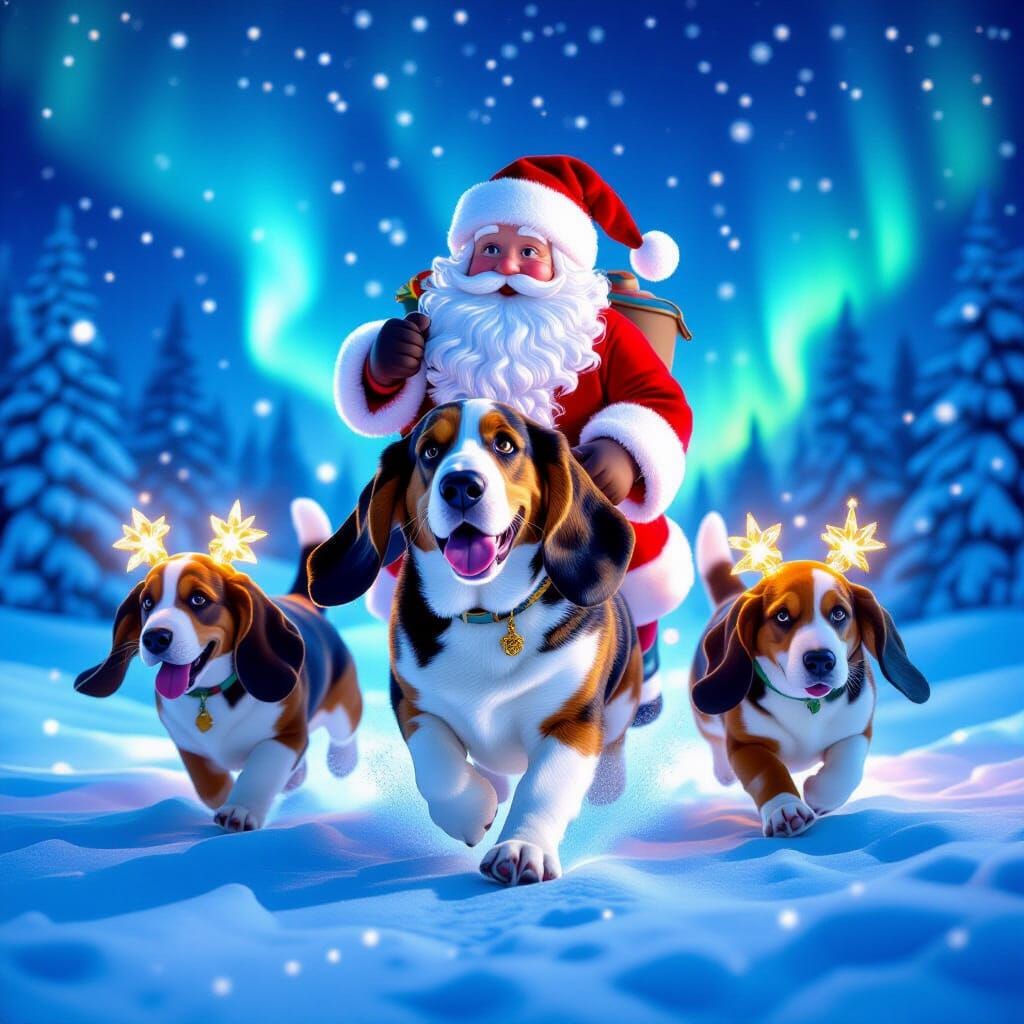 Basset Hound Carries Santa Through Starry Night Sky
