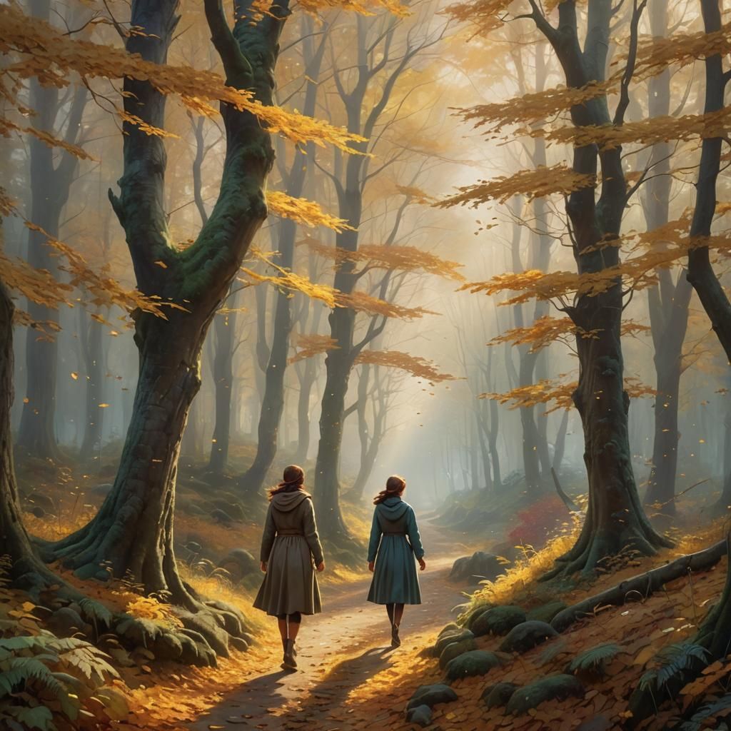 Ethereal Woman Walks Forest Path in Golden Light