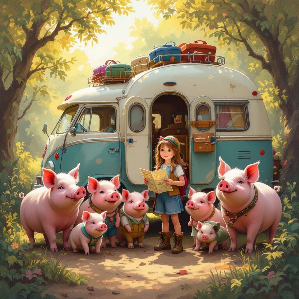 Whimsical Pigs and Girl Beside RV, Oil Painting Style