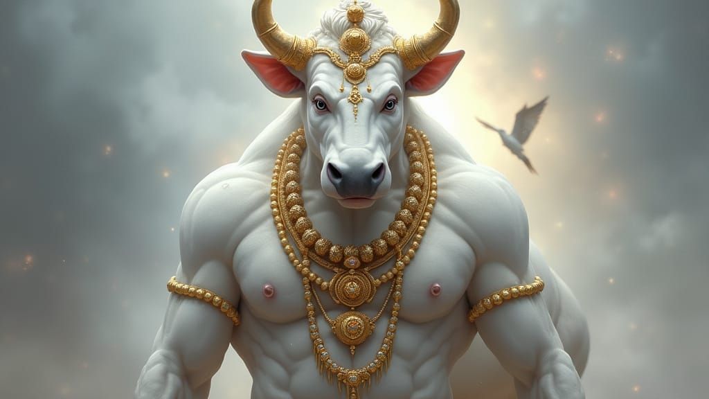 Majestic Nandi Figure Radiates Devotion in Golden Accoutreme...