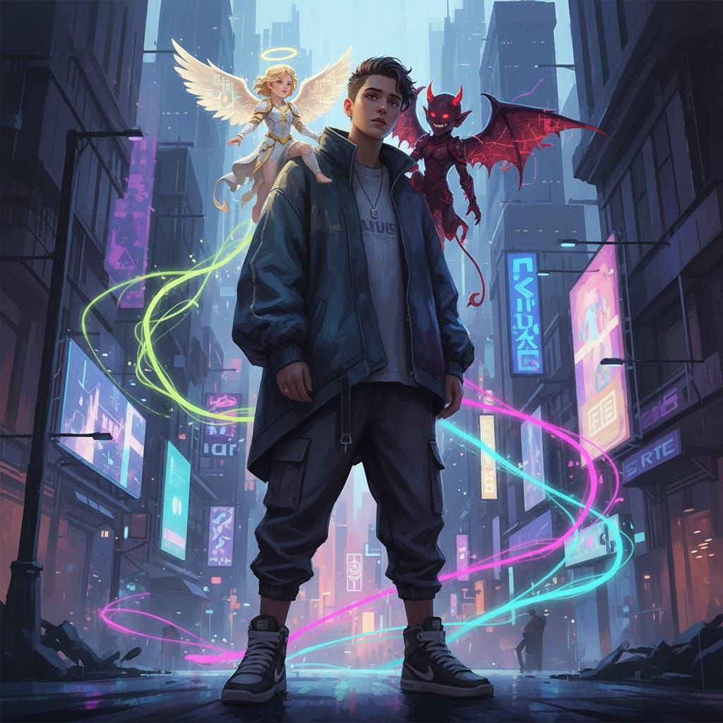 Angel & Devil on Shoulders in Modern Urban Setting
