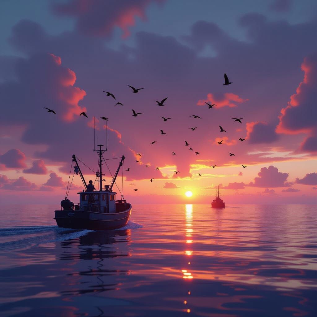 Fantastical Sunrise Over Wattenmeer with Birds and Trawler