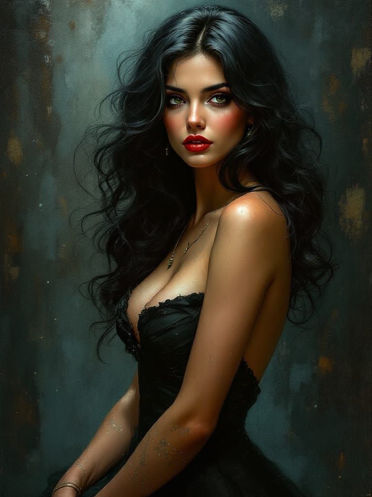 Pin Up Woman in Atmospheric Oil Painting Style