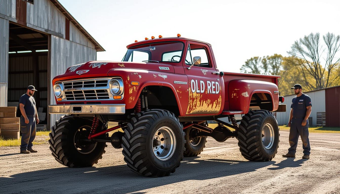 Old Red Monster Truck Barn Find Portrait