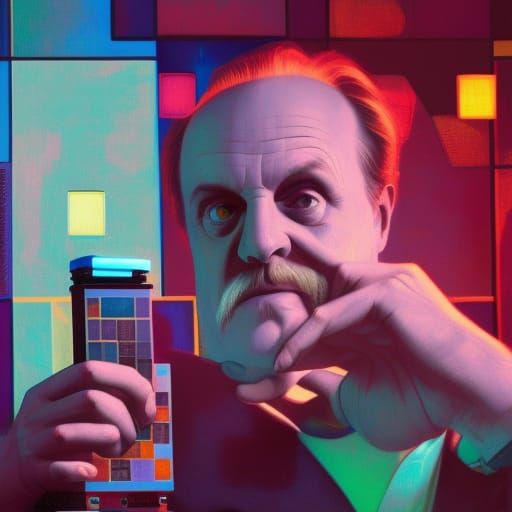 McLuhan Meditating Inside Tetris Machine, Digital Art
