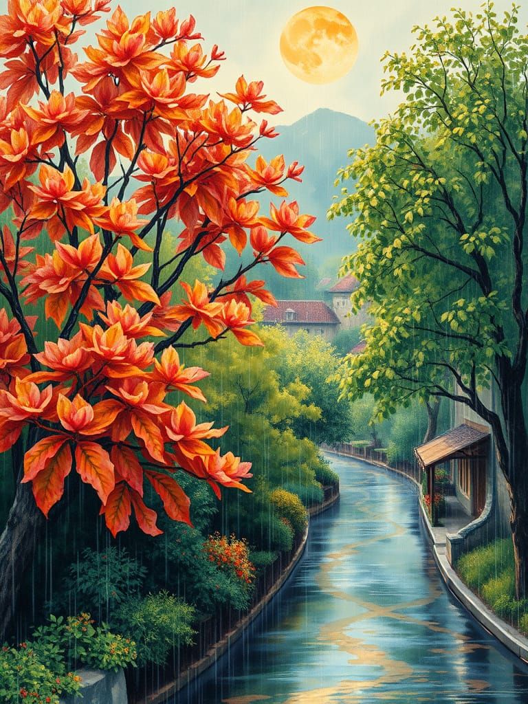 Village in Rainy Season: A Watercolor Art Nouveau Painting