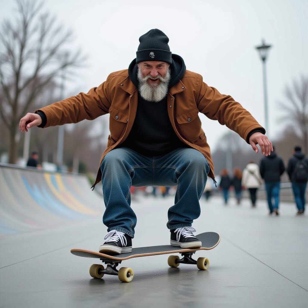 Man Shredding on Skateboard in Traditional Clothes