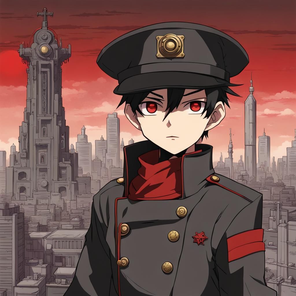 Red Sun Corp ensign, boy, 10, Academy for Financial Hostilities. Gray and red uniform, flat hat. Heavily industrialized ...