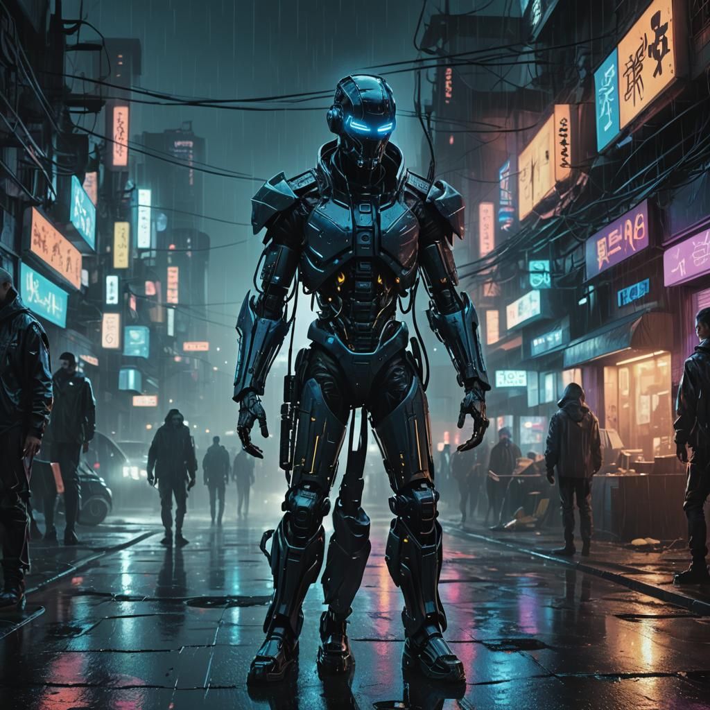 Cyberpunk Death Ghost in Rainy Cityscape