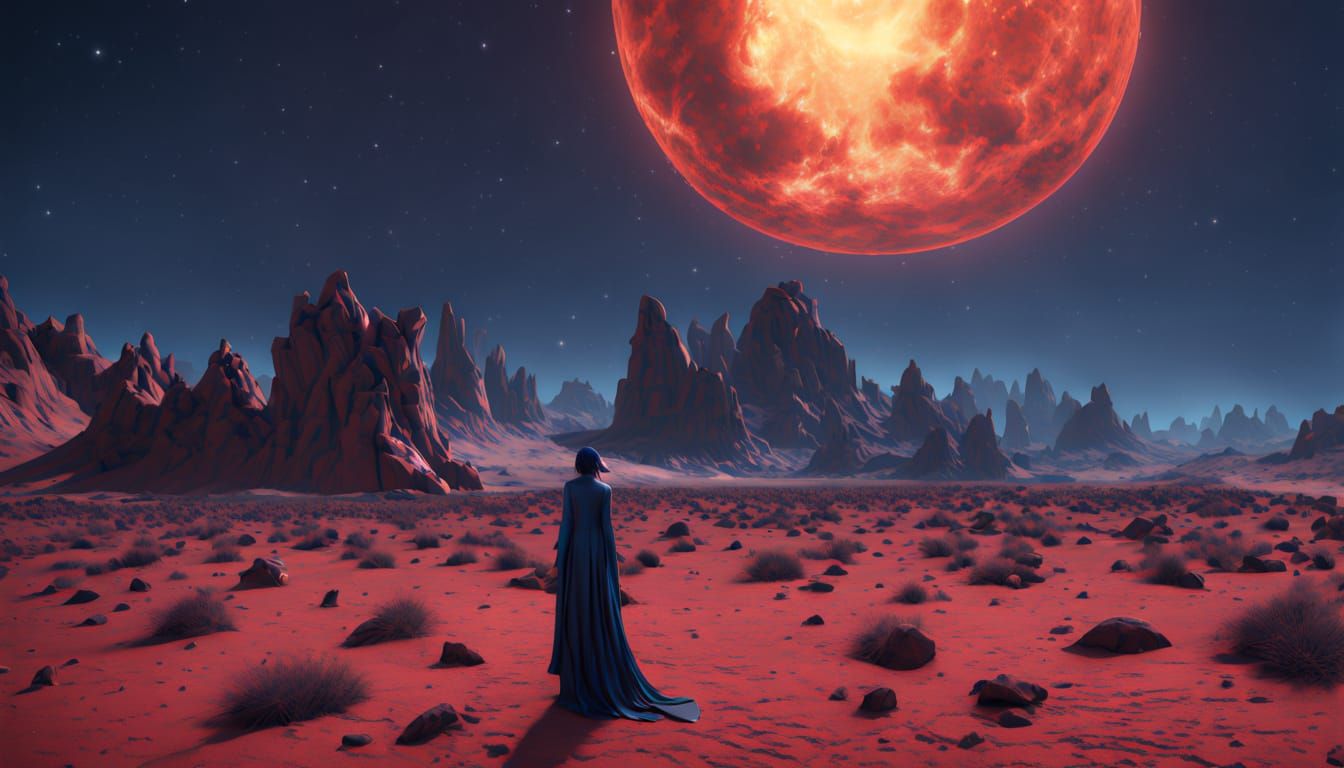 Mysterious Figure in Red Obsidian Dress Under Eerie Starligh...