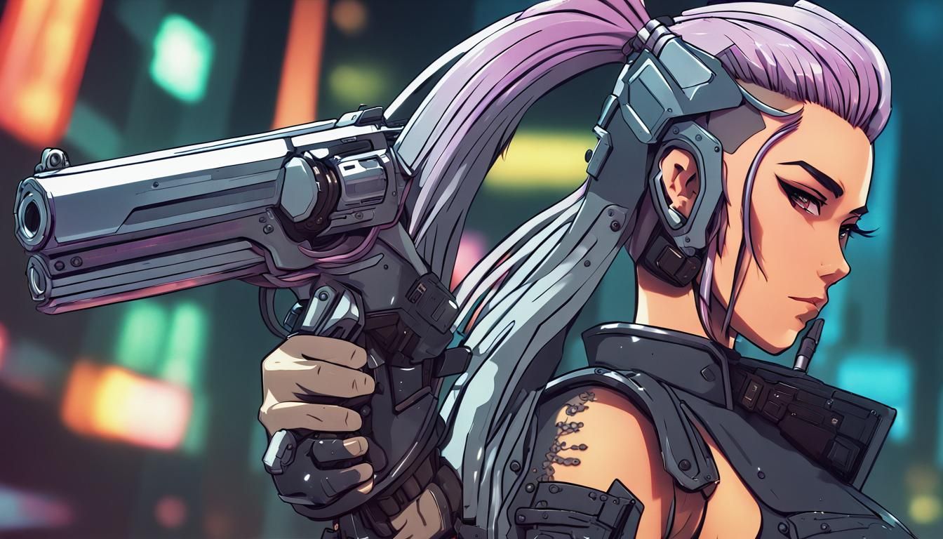 Cyberpunk Platinum Ponytail with Revolver, Anime Style