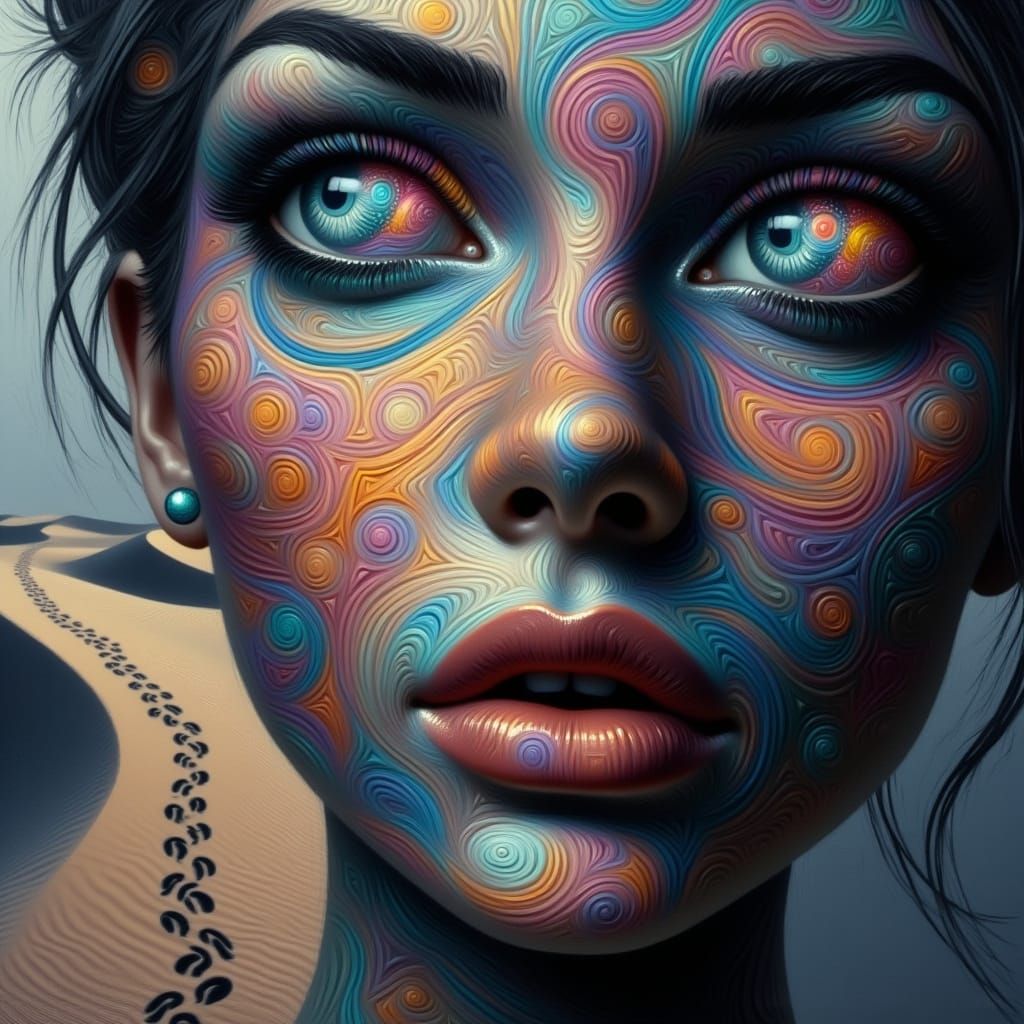 Ethereal Op Art Portrait with Swirling Patterns and Pastel H...