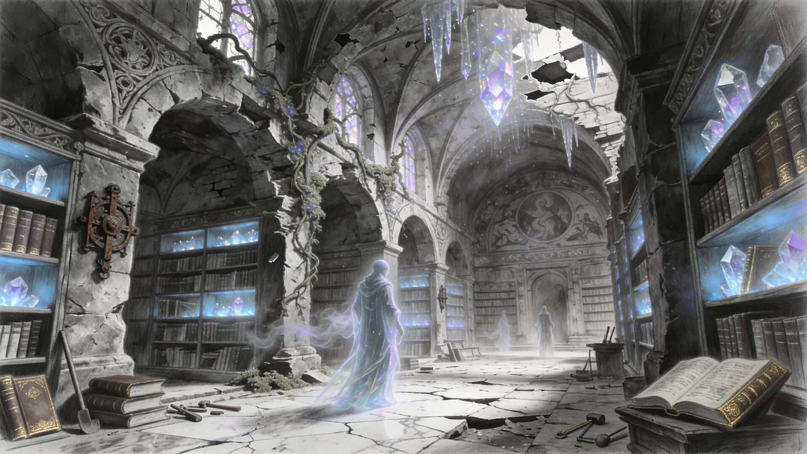 Lost Library Reimagined with Bioluminescent Flora and Crysta...