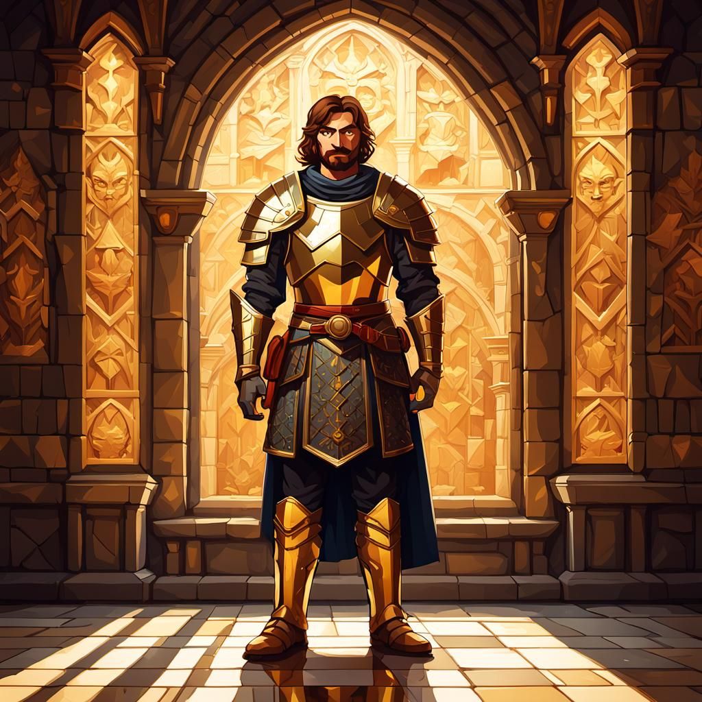 Medieval Hero in Grand Hall: 16-bit Pixel Art Portrait