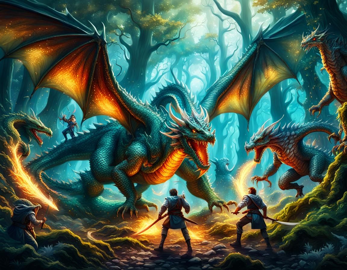 Epic Fantasy Battle: Dragon and Team in Forest