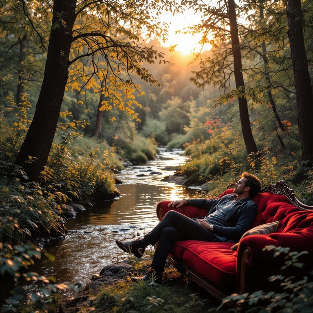 Man Relaxing on Red Couch by Stream at Sunset