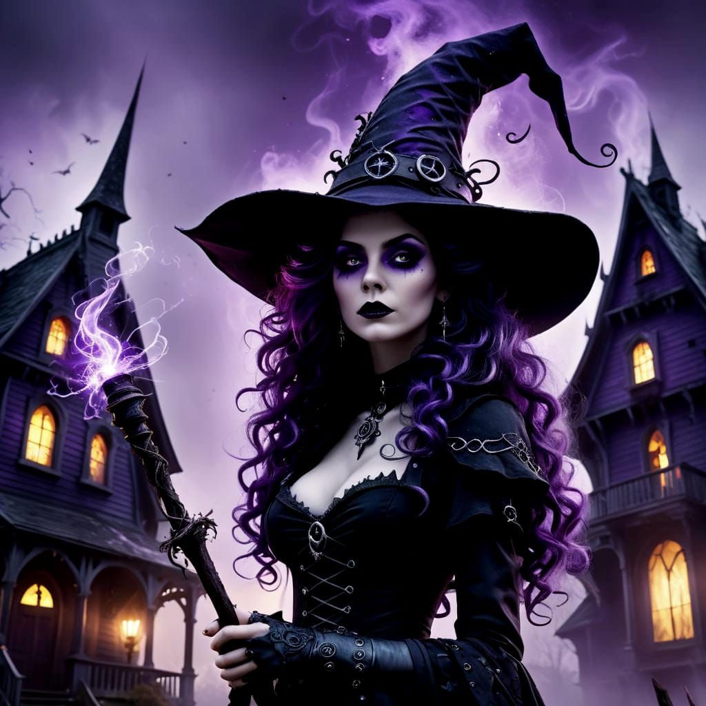 Punk Goth Witch with Haunted House Digital Art