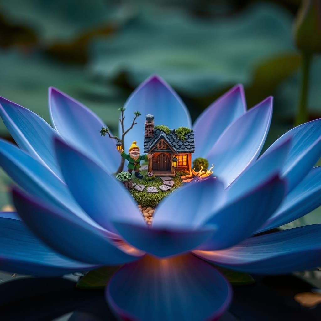 Hyperreal Blue Lotus Blooms in Serene Pond Scene