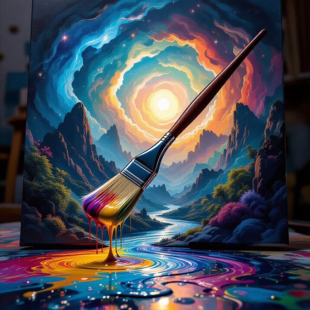 Artist's Brush Emerges From Canvas, Painting Creative Energy