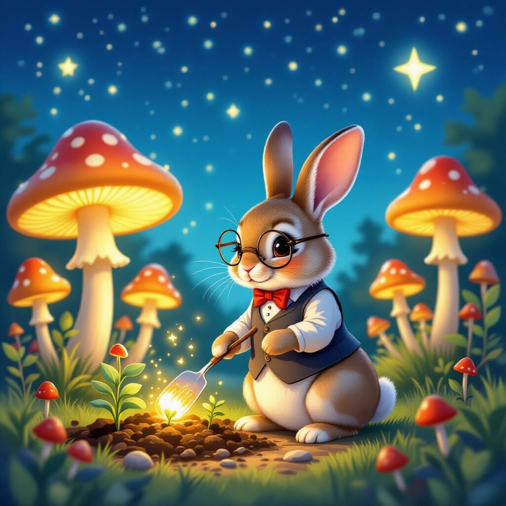 Whimsical Rabbit Tends Glowing Mushroom Garden Under Starry ...