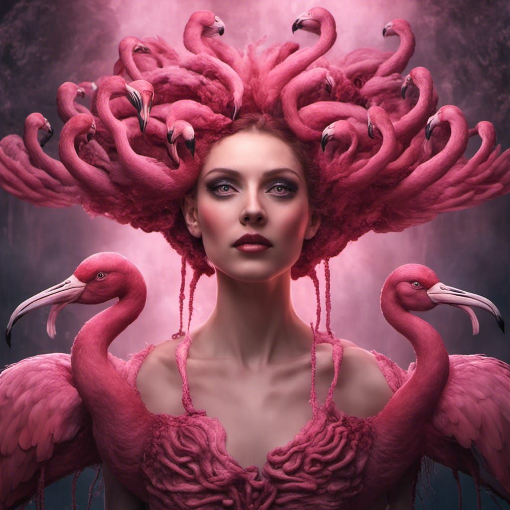 Medusa Gorgon with Flamingo Heads: Vintage Photograph