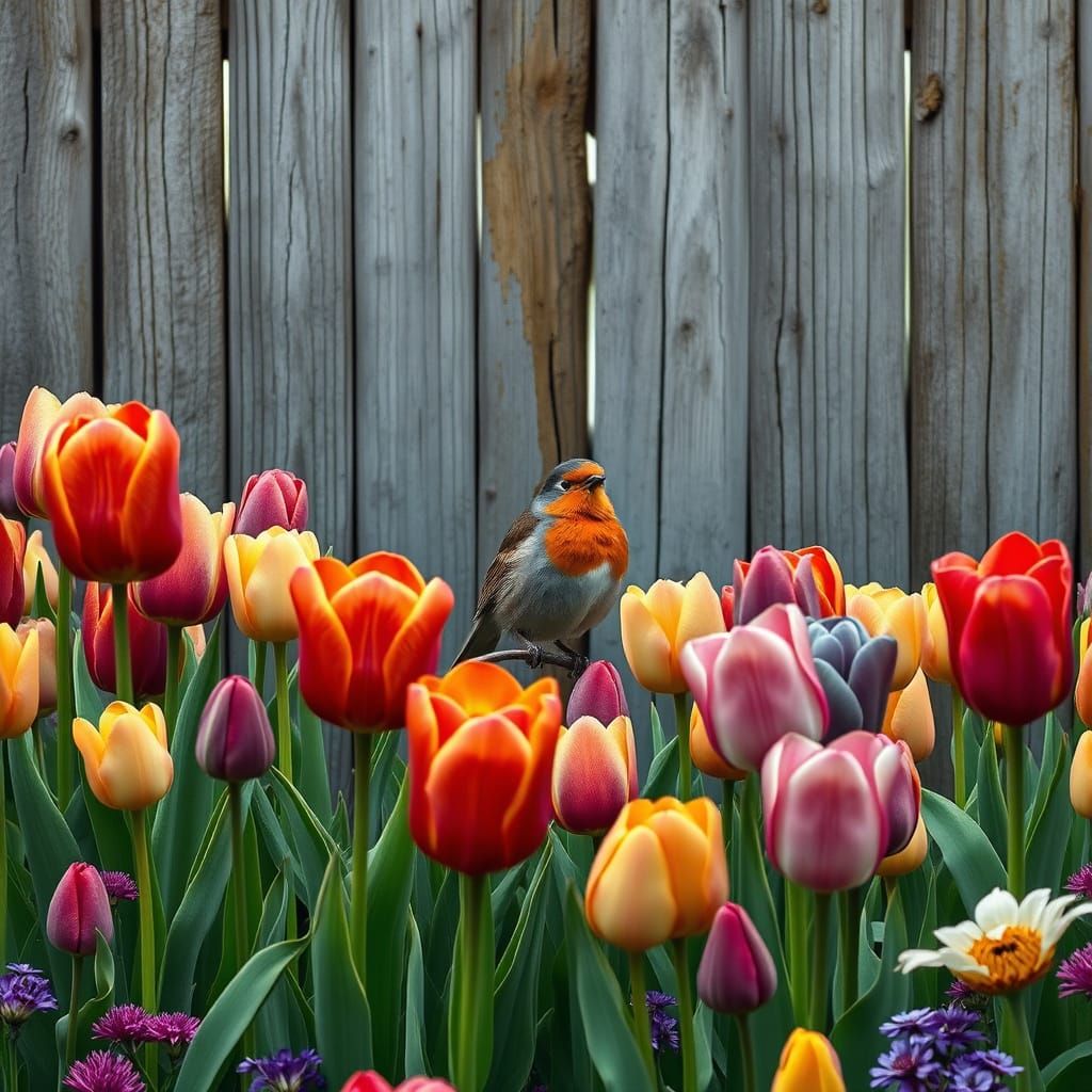 Whimsical Spring Fantasy with Robins and Vibrant Tulips in W...