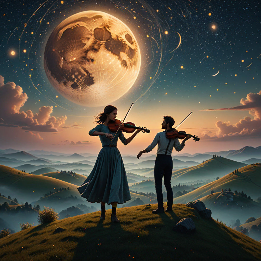 Ethereal Woman Plays Violin Under Giant Moonlit Sky