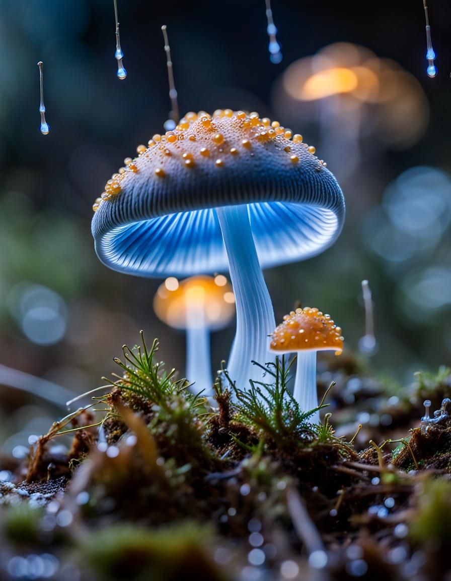 Illuminated Blue Mushroom with Golden Droplets