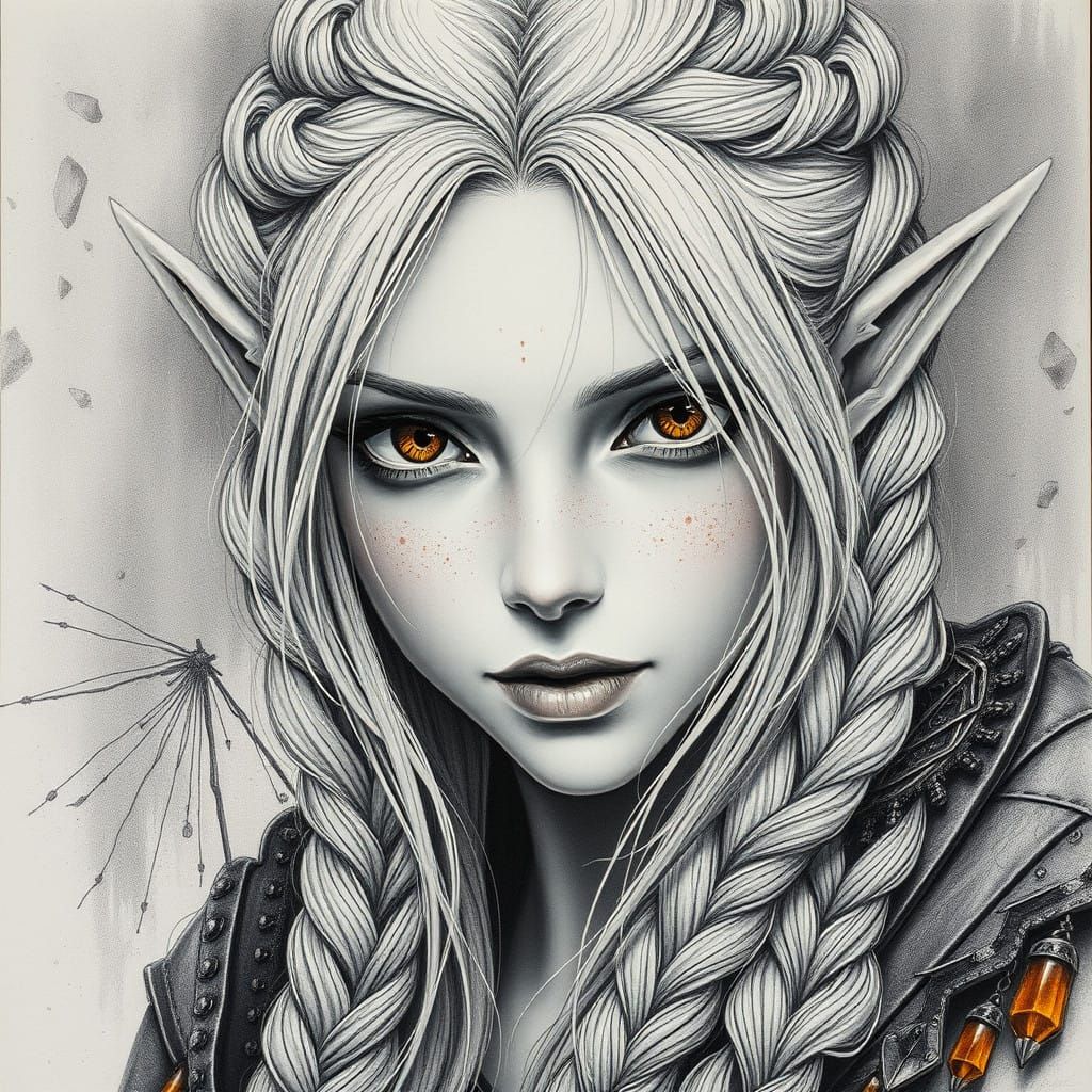 hyperdetailed charcoal drawing executed primarily in charcoal, braided blonde haired medieval female warlock elf, rust a...