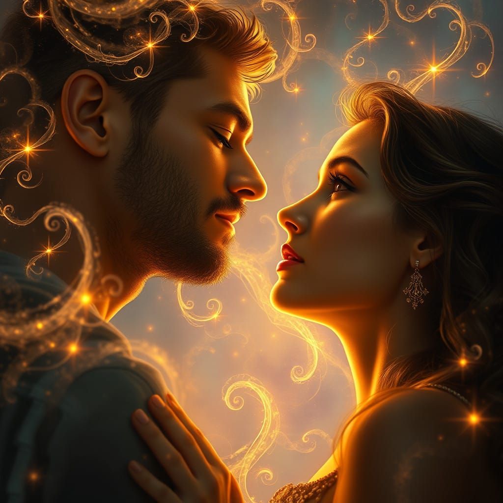 A Couple Gazing Deeply into Each Other's Eyes in a Golden, C...