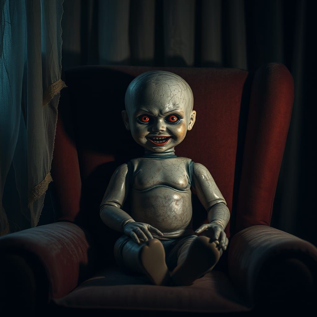 Eerie Porcelain Doll with Glowing Eyes
