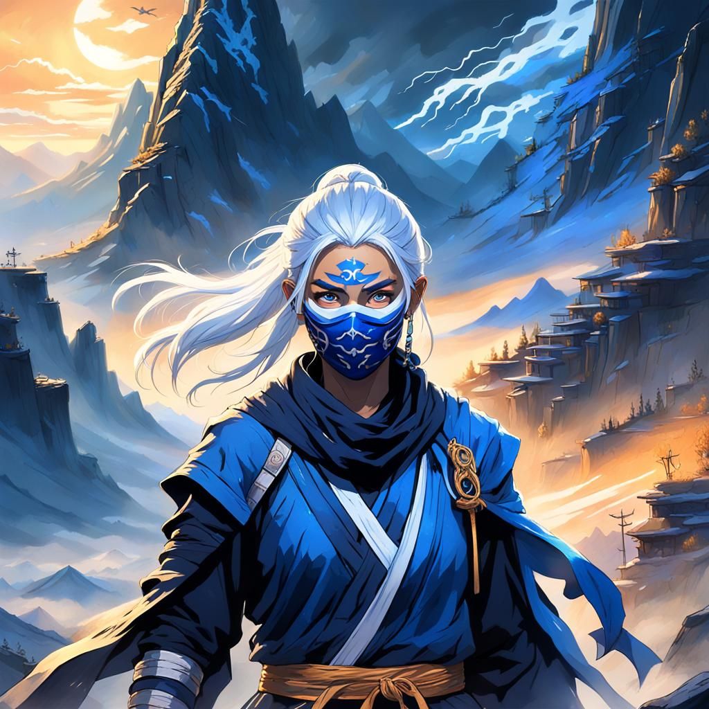Blue-Skinned Ninja on Windswept Peak: Fantasy Concept Art