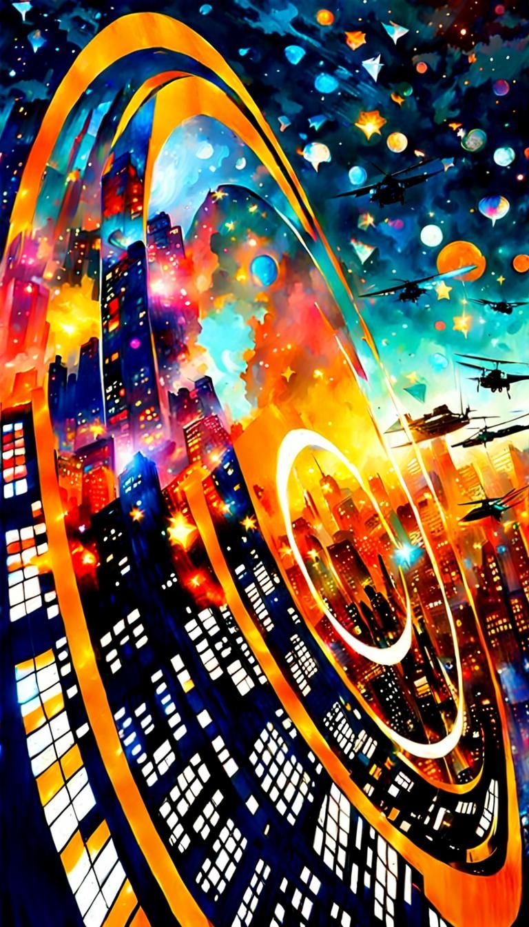 Cyberpunk Cityscape Floating Above Magical Landscape