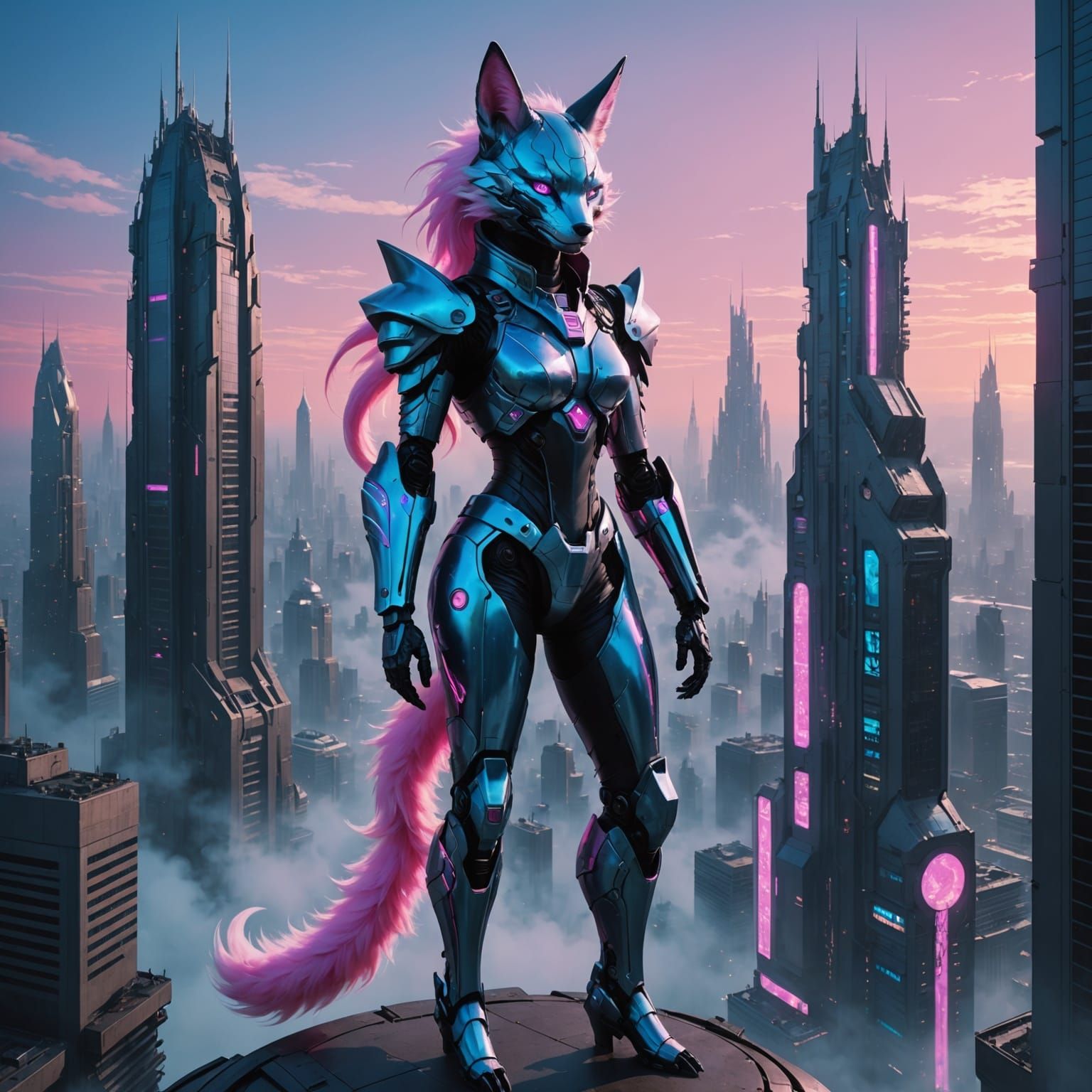 Sleek Futuristic Kitsune Goddess in Cybernetic Armor
