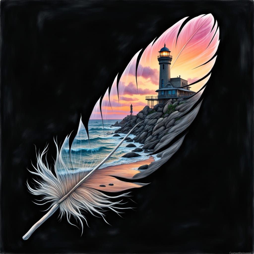 Feather Silhouette with Airbrushed Beach in Digital Art Styl...
