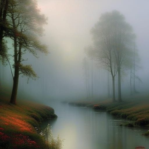 Eerie Foggy Landscape in Post-Impressionist Style