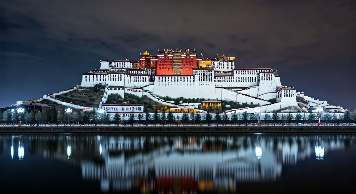 Tibetan Winter Palace Reflected in Frozen Lake