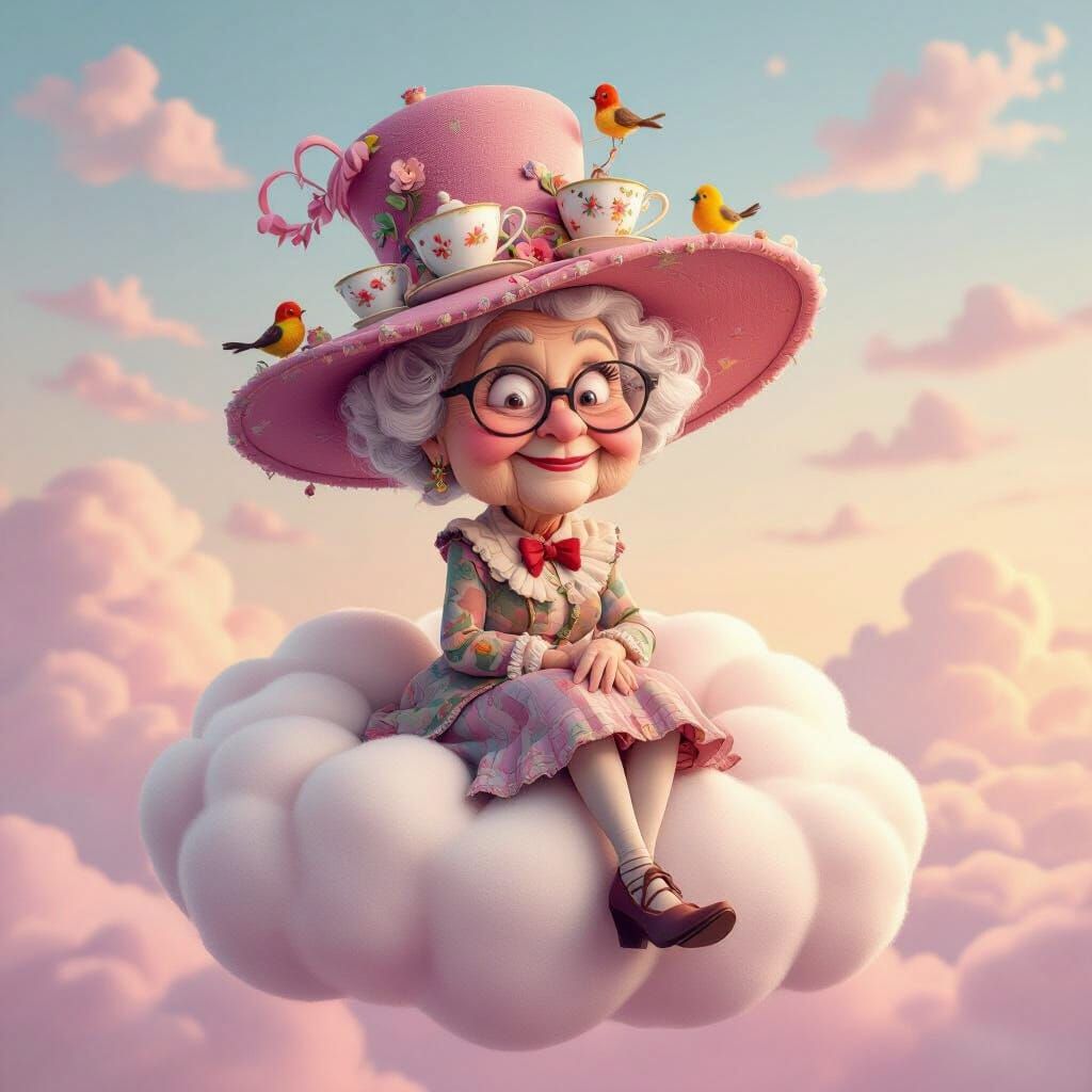 Whimsical Old Lady in Oversized Hat on Cloud