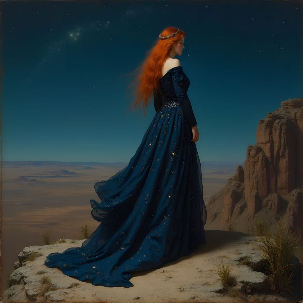 Red-Haired Woman in Starry Desert, Dutch Painting Style
