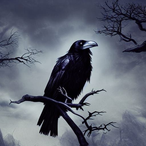 Raven on Branch Under Moonlight: Atmospheric Matte Painting