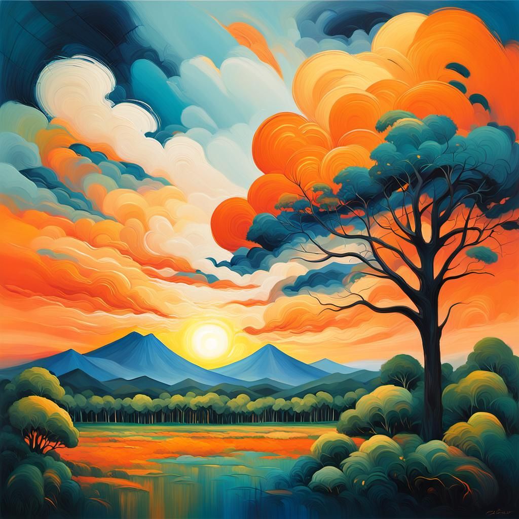 Mount Arayat Sunset in Abstract Expressionist Style