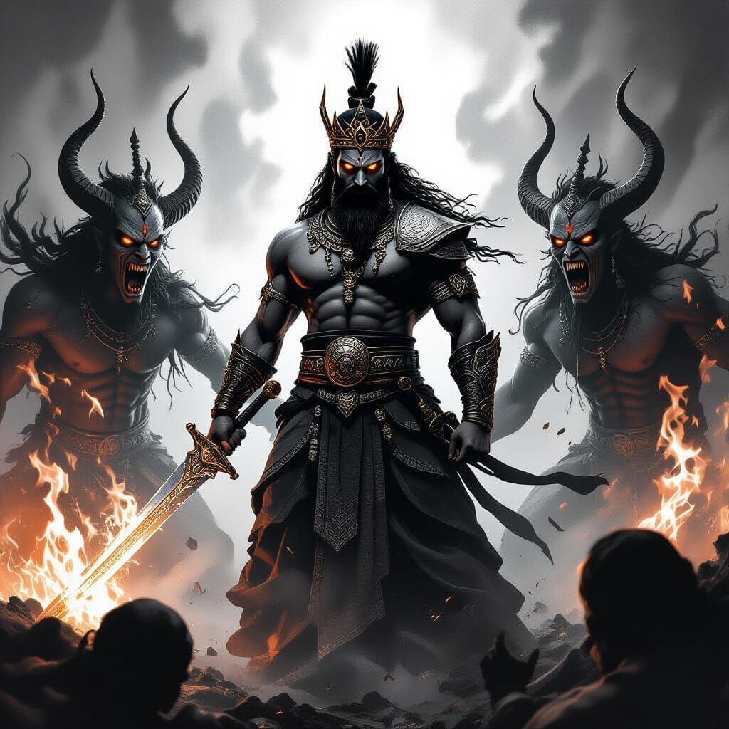 Victorious Persian Warrior Over Demon, Cinematic Black and W...