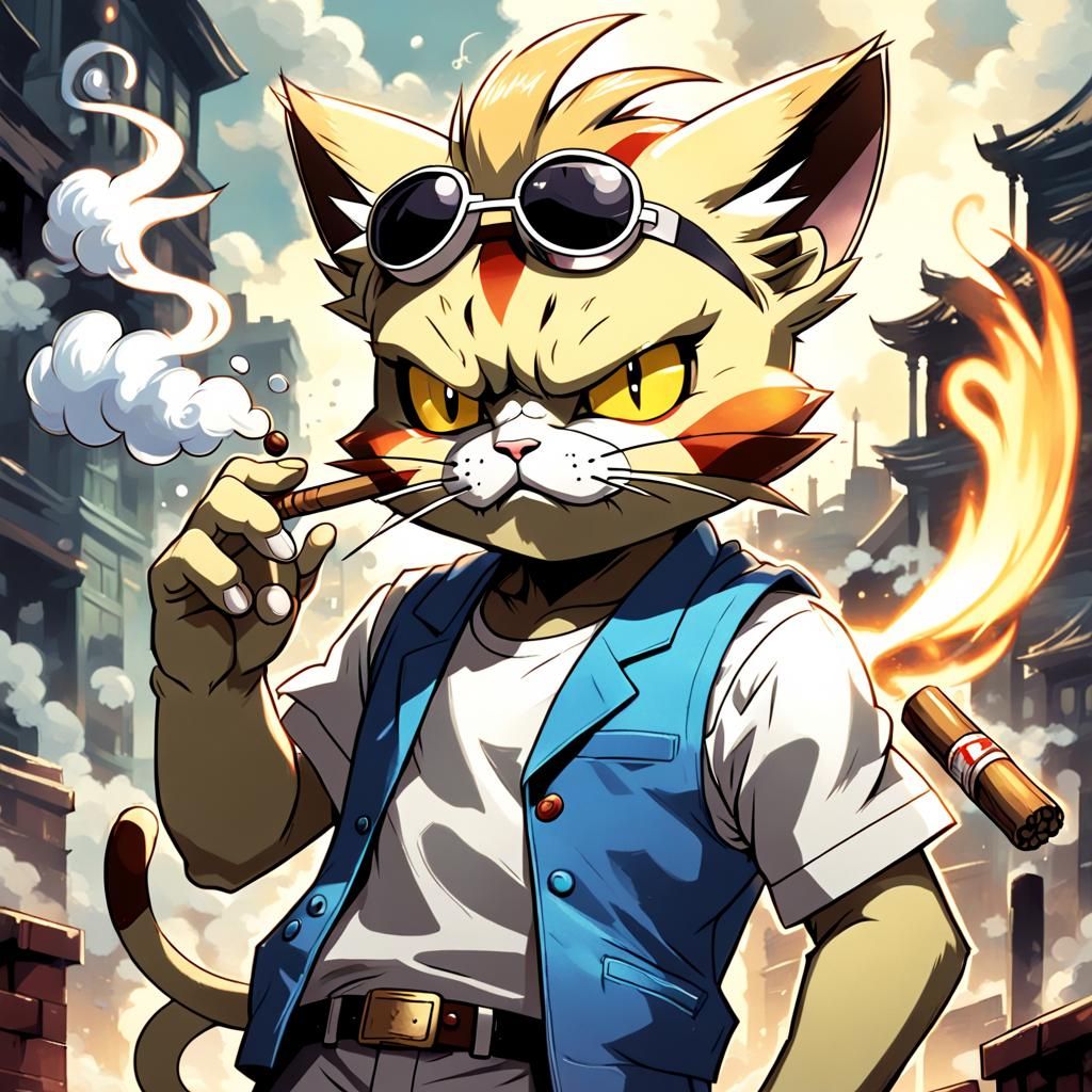 Meowth with Eyepatch Cigar: Comic Book Art
