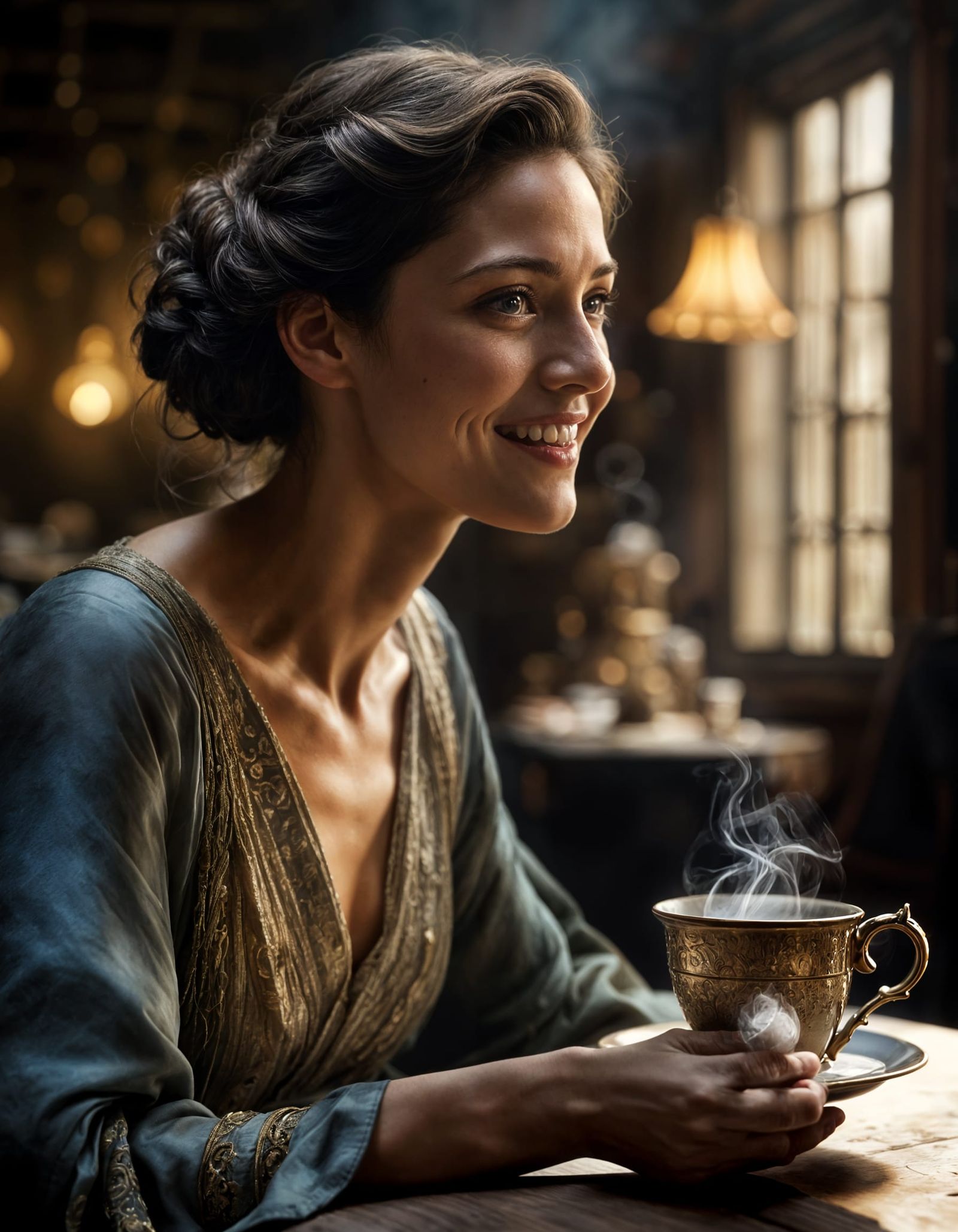 Beautiful Woman Chatting in Cafe: Photorealistic Painting