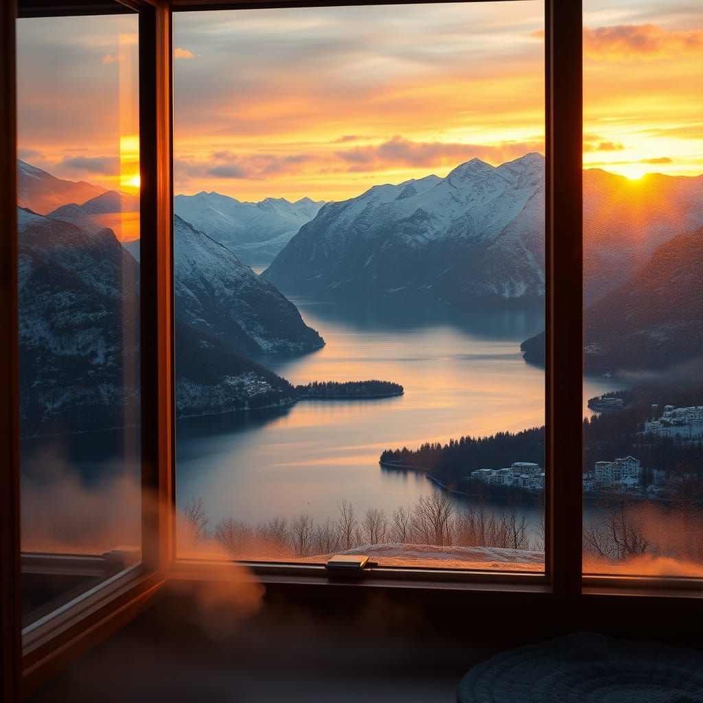 Serene Sauna Room Frames Majestic Fjord Sunset